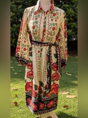 Celina Moon Floral Belted Cotton Shirt dress - NWT- large- fun - floral bohemian